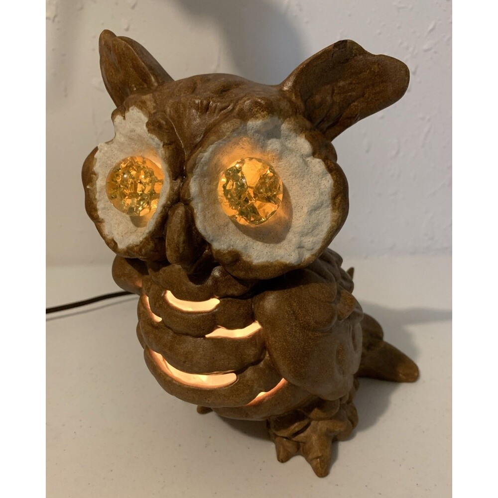 70s Light Up Ceramic Owl Lamp Figurine Vintage MCM Night Light Sculpture